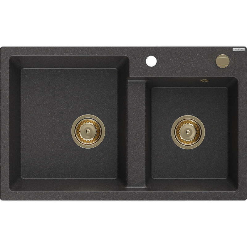 Mexen Tomas granite kitchen sink 2-bowl 800 x 500 mm, black speckled, golden siphon - 6516802000-76-G