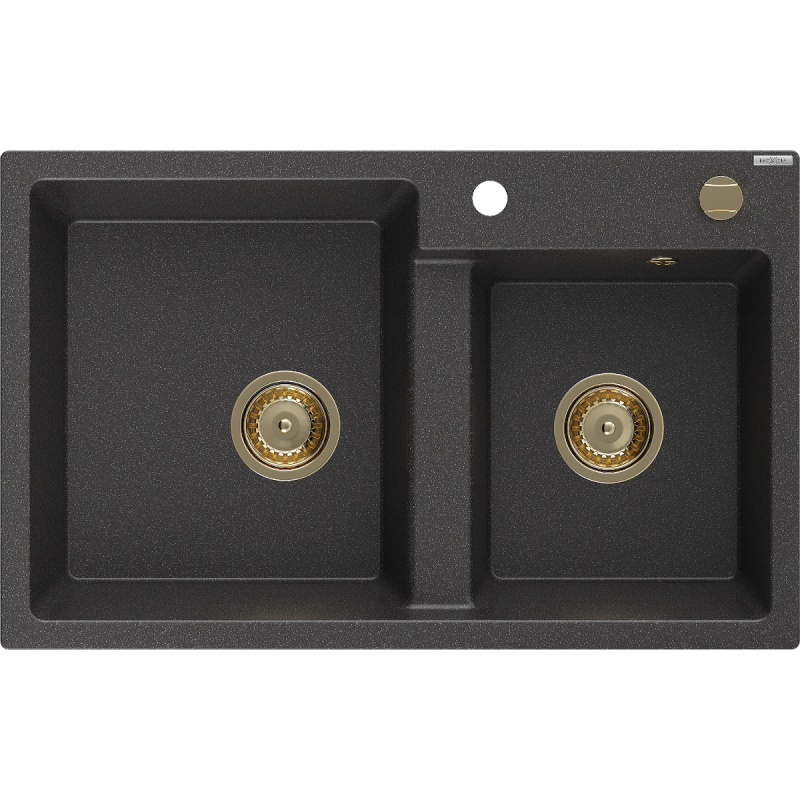 Mexen Tomas granite sink 2-bowl 800 x 500 mm, speckled black, gold siphon - 6516802000-76-G