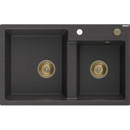 Mexen Tomas granite double bowl sink 800 x 500 mm, black speckled, gold siphon - 6516802000-76-G