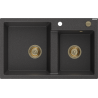 Mexen Tomas granite double bowl sink 800 x 500 mm, black speckled, gold siphon - 6516802000-76-G