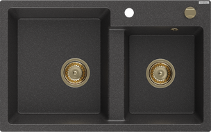 Mexen Tomas granite double bowl sink 800 x 500 mm, black speckled, gold siphon - 6516802000-76-G