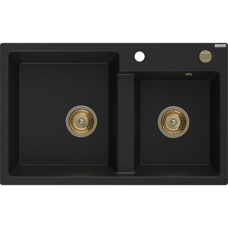 Mexen Tomas 2-bowl granite sink 800 x 500 mm, black, gold siphon - 6516802000-77-G