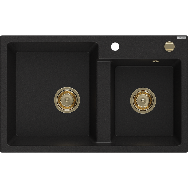 Mexen Tomas 2-bowl granite sink 800 x 500 mm, black, golden siphon - 6516802000-77-G