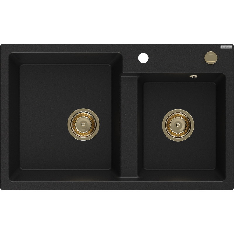 Mexen Tomas granite double-bowl sink 800 x 500 mm, black, gold siphon - 6516802000-77-G