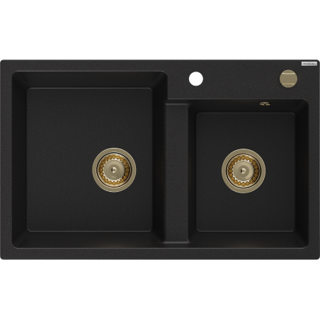 Mexen Tomas 2-bowl granite sink 800 x 500 mm, black, golden siphon - 6516802000-77-G