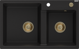 Mexen Tomas granite double-bowl sink 800 x 500 mm, black, gold siphon - 6516802000-77-G
