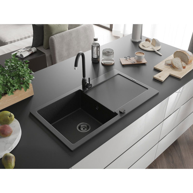 Mexen Leo 1-Bowl Granite Sink with Drainer and Telma Kitchen Tap, Black/Silver Metallic - 6501-73-670200-70-B