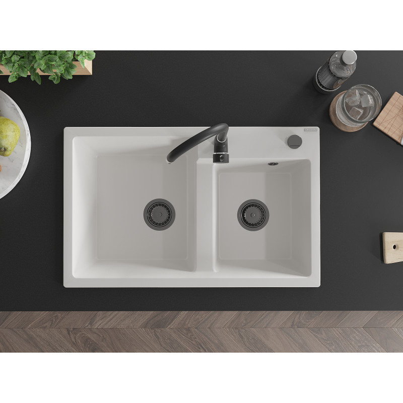 Mexen Tomas granite double-bowl sink 800 x 500 mm, white, black siphon - 6516802000-20-B