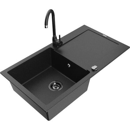 Mexen Leo granite kitchen sink 1-bowl with drainer and Telma kitchen faucet, black/silver metallic - 6501-73-670200-70-B