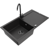 Mexen Leo granite kitchen sink 1-bowl with drainer and Telma kitchen faucet, black/silver metallic - 6501-73-670200-70-B