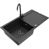 Mexen Leo granite single-bowl sink with drainer and Telma kitchen faucet, black/silver metallic - 6501-73-670200-70-B