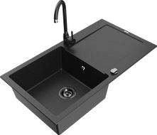 Mexen Leo granite single-bowl sink with drainer and Telma kitchen faucet, black/silver metallic - 6501-73-670200-70-B