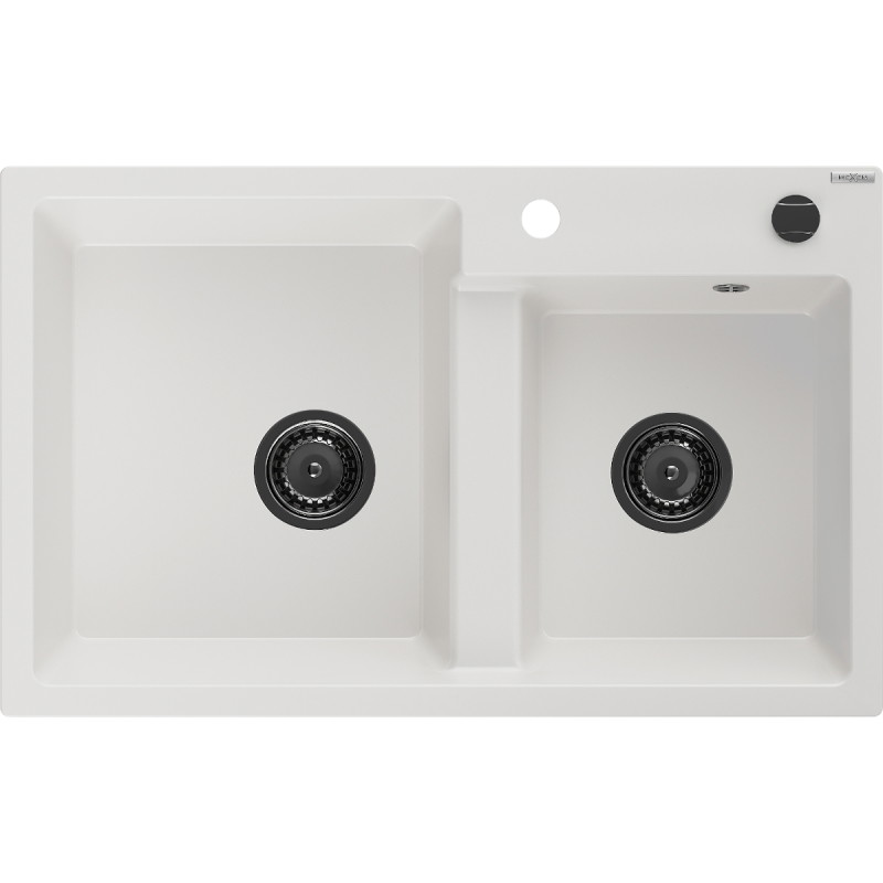 Mexen Tomas 2-bowl Granite Sink 800 x 500 mm, White, Black Siphon - 6516802000-20-B