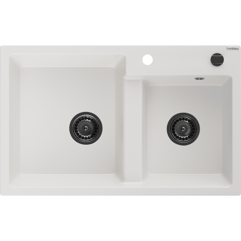 Mexen Tomas granite double-bowl sink 800 x 500 mm, white, black siphon - 6516802000-20-B
