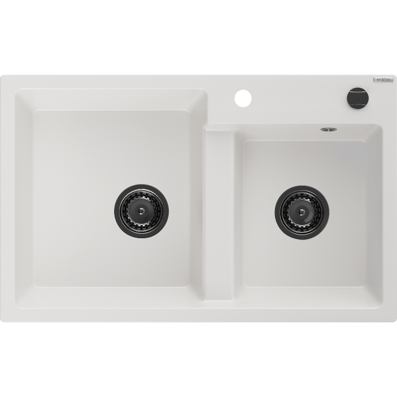 Mexen Tomas granite sink 2-bowl 800 x 500 mm, white, black siphon - 6516802000-20-B