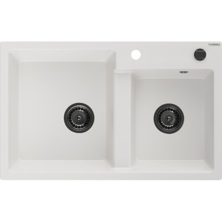 Mexen Tomas granite double-bowl sink 800 x 500 mm, white, black siphon - 6516802000-20-B