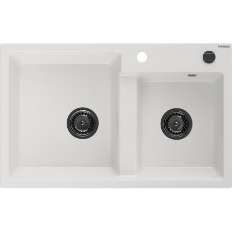 Mexen Tomas granite sink 2-bowl 800 x 500 mm, white, black siphon - 6516802000-20-B