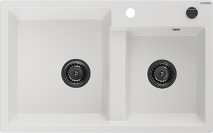 Mexen Tomas granite double-bowl sink 800 x 500 mm, white, black siphon - 6516802000-20-B