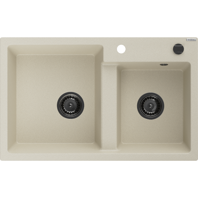 Mexen Tomas granite sink 2-bowl 800 x 500 mm, beige, black siphon - 6516802000-69-B