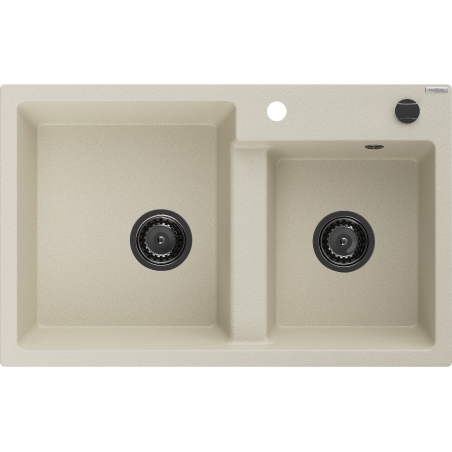 Mexen Tomas granite sink 2-bowl 800 x 500 mm, beige, black siphon - 6516802000-69-B