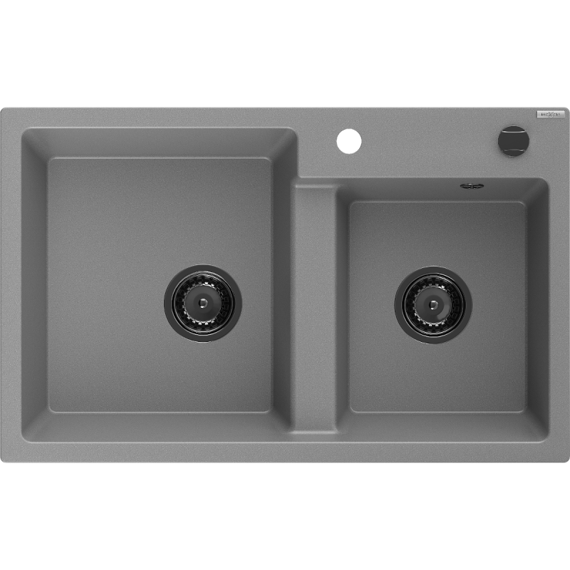 Mexen Tomas granite double-bowl sink 800 x 500 mm, gray, black siphon - 6516802000-71-B