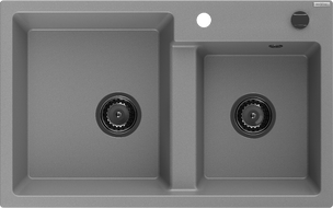 Mexen Tomas granite double-bowl sink 800 x 500 mm, gray, black siphon - 6516802000-71-B