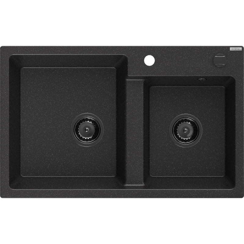 Mexen Tomas 2-compartment granite sink 800 x 500 mm, Black/Silver metallic, siphon Black - 6516802000-73-B