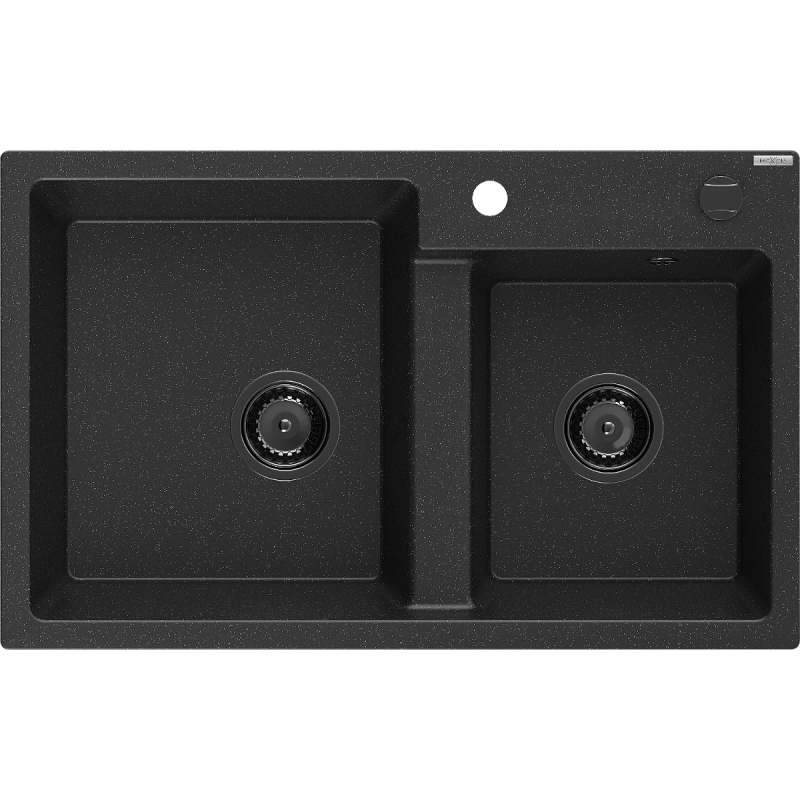 Mexen Tomas granite sink 2-bowl 800 x 500 mm, black/silver metallic, black siphon - 6516802000-73-B