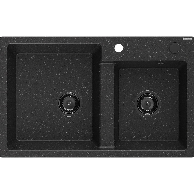 Mexen Tomas granite sink 2-chamber 800 x 500 mm, black/silver metallic, black siphon - 6516802000-73-B