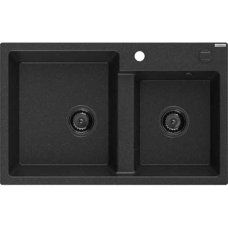 Mexen Tomas granite sink 2-bowl 800 x 500 mm, black/silver metallic, black siphon - 6516802000-73-B