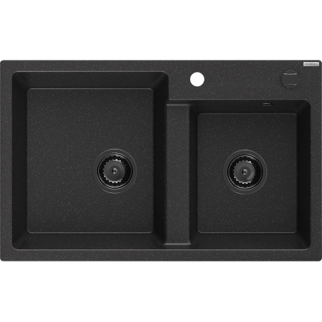 Mexen Tomas granite sink 2-chamber 800 x 500 mm, black/silver metallic, black siphon - 6516802000-73-B