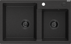 Mexen Tomas granite sink 2-chamber 800 x 500 mm, black/silver metallic, black siphon - 6516802000-73-B