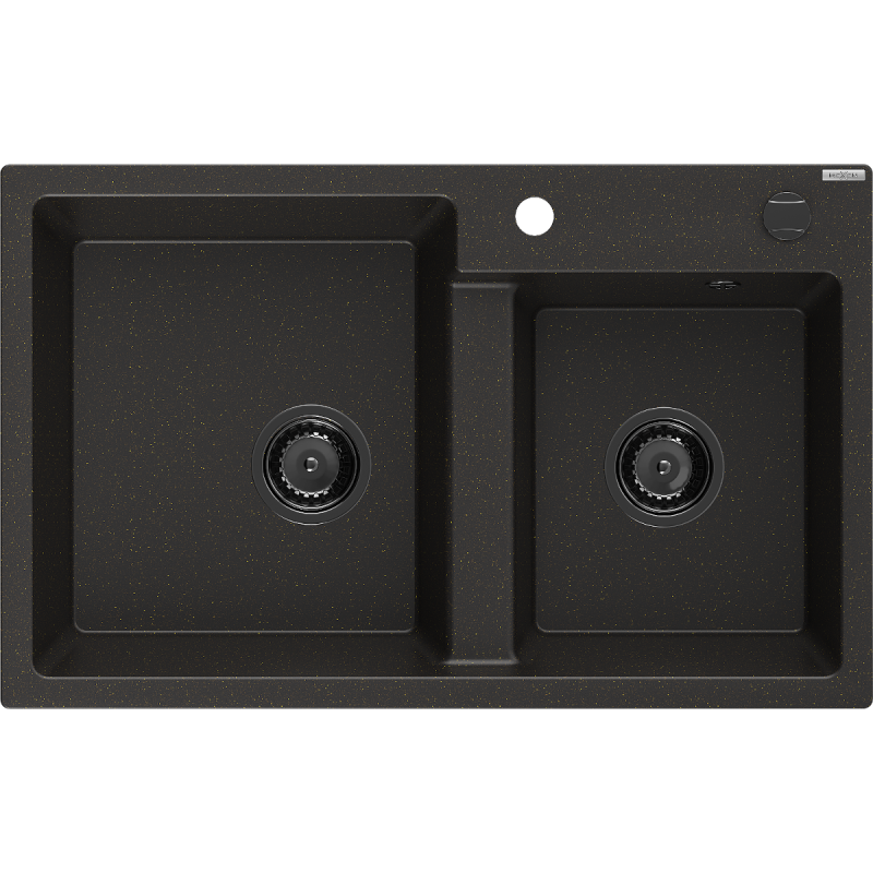 Mexen Tomas granite sink 2-bowl 800 x 500 mm, black/gold metallic, black siphon - 6516802000-75-B
