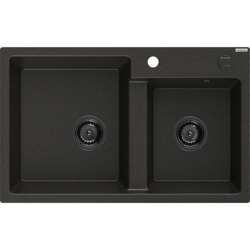 Mexen Tomas granite sink 2-chamber 800 x 500 mm, black/gold metallic, black siphon - 6516802000-75-B