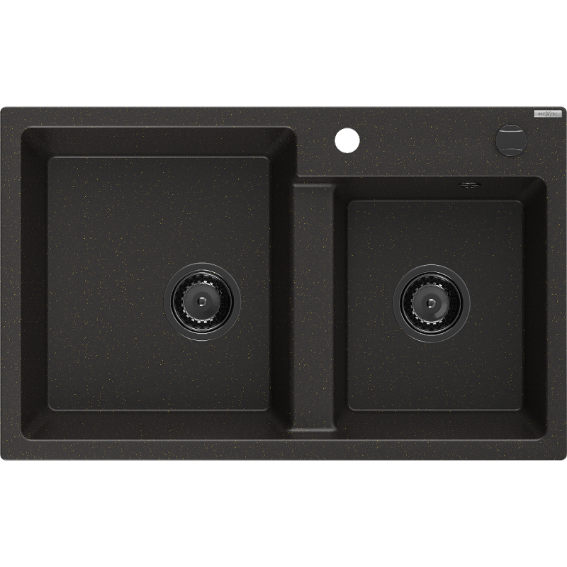 Mexen Tomas granite sink 2-chamber 800 x 500 mm, black/golden metallic, black siphon - 6516802000-75-B