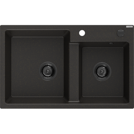 Mexen Tomas granite sink 2-bowl 800 x 500 mm, black/gold metallic, black siphon - 6516802000-75-B