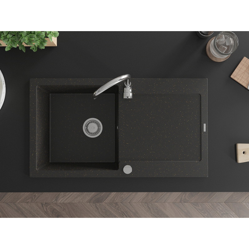 Mexen Leo granite kitchen sink 1-bowl with drainer and Telma kitchen faucet, black/gold metallic - 6501-75-670200-00