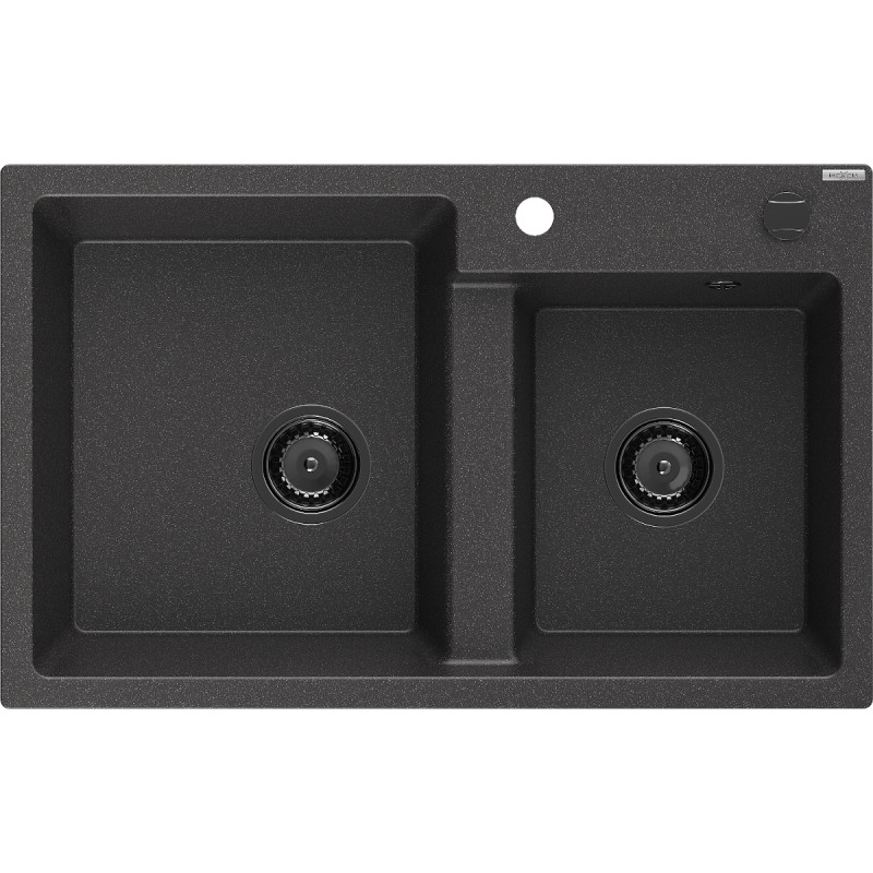 Mexen Tomas granite double-bowl sink 800 x 500 mm, black speckled, black siphon - 6516802000-76-B