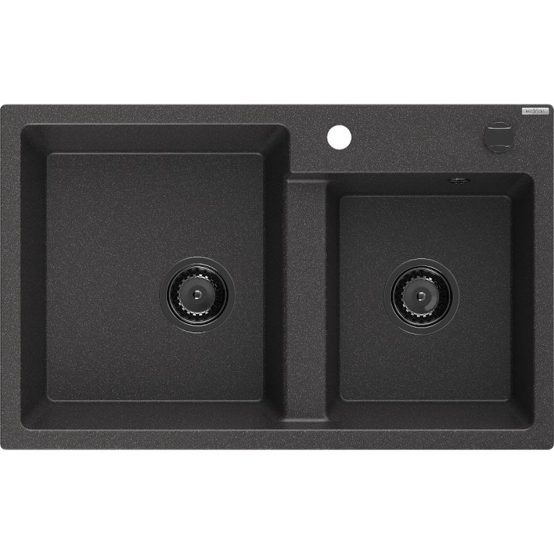 Mexen Tomas granite sink 2-chamber 800 x 500 mm, black speckled, black siphon - 6516802000-76-B