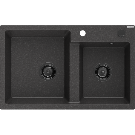 Mexen Tomas granite double-bowl sink 800 x 500 mm, black speckled, black siphon - 6516802000-76-B