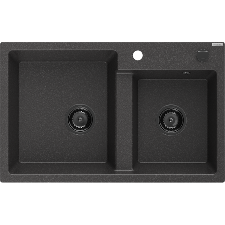 Mexen Tomas granite sink 2-chamber 800 x 500 mm, black speckled, black siphon - 6516802000-76-B