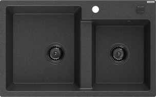 Mexen Tomas granite double-bowl sink 800 x 500 mm, black speckled, black siphon - 6516802000-76-B