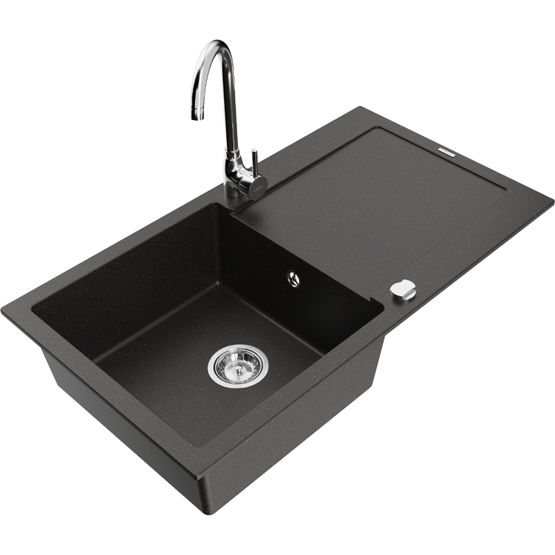 Mexen Leo 1-bowl granite sink with drainer and Telma kitchen tap, black/gold metallic - 6501-75-670200-00