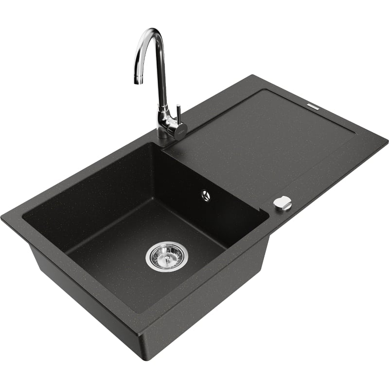 Mexen Leo granit kitchen sink 1-bowl with drainer and Telma faucet, black/golden metallic - 6501-75-670200-00