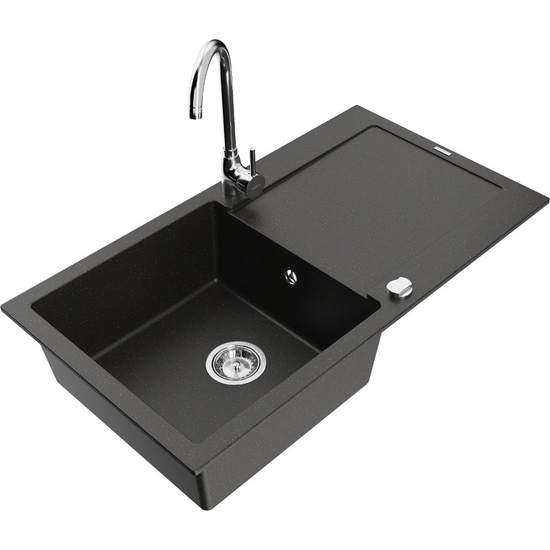Mexen Leo granite kitchen sink 1-bowl with drainer and Telma kitchen faucet, black/gold metallic - 6501-75-670200-00
