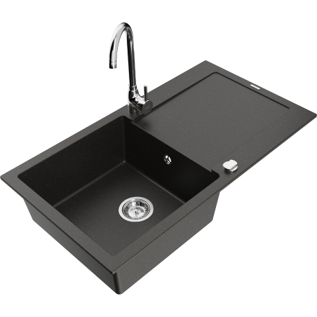Mexen Leo granite kitchen sink 1-bowl with drainer and Telma kitchen faucet, black/gold metallic - 6501-75-670200-00