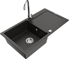 Mexen Leo granite kitchen sink 1-bowl with drainer and Telma kitchen faucet, black/gold metallic - 6501-75-670200-00