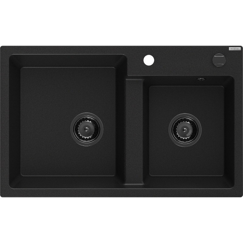 Mexen Tomas 2-bowl granite kitchen sink 800 x 500 mm, black, black siphon - 6516802000-77-B