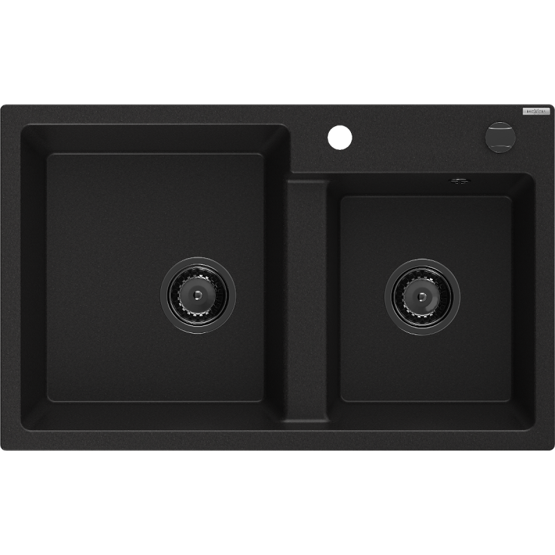Mexen Tomas 2-compartment granite sink 800 x 500 mm, Black, siphon Black - 6516802000-77-B