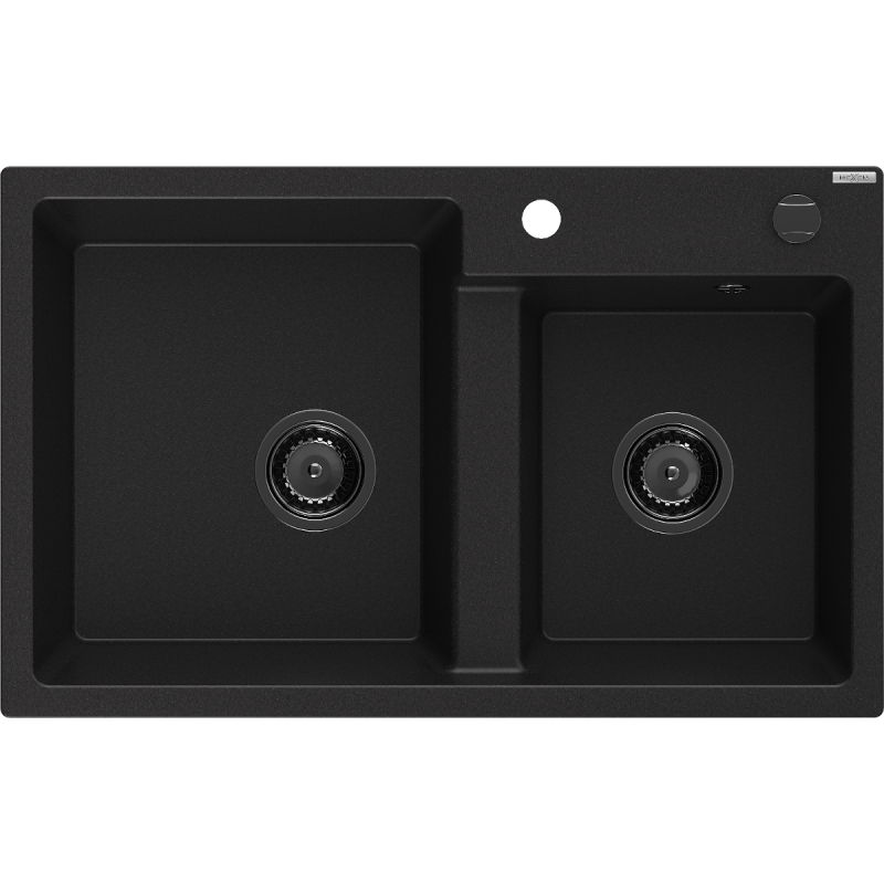 Mexen Tomas granite sink, 2-bowl, 800 x 500 mm, black, black siphon - 6516802000-77-B